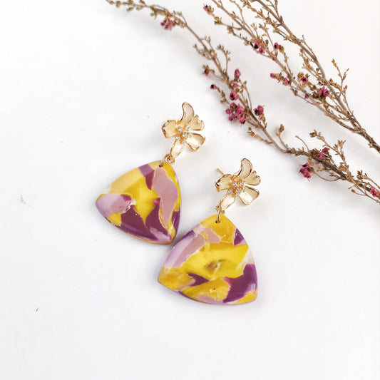 Whispered Marble - Medium triangle earring with cubic zirconia flower