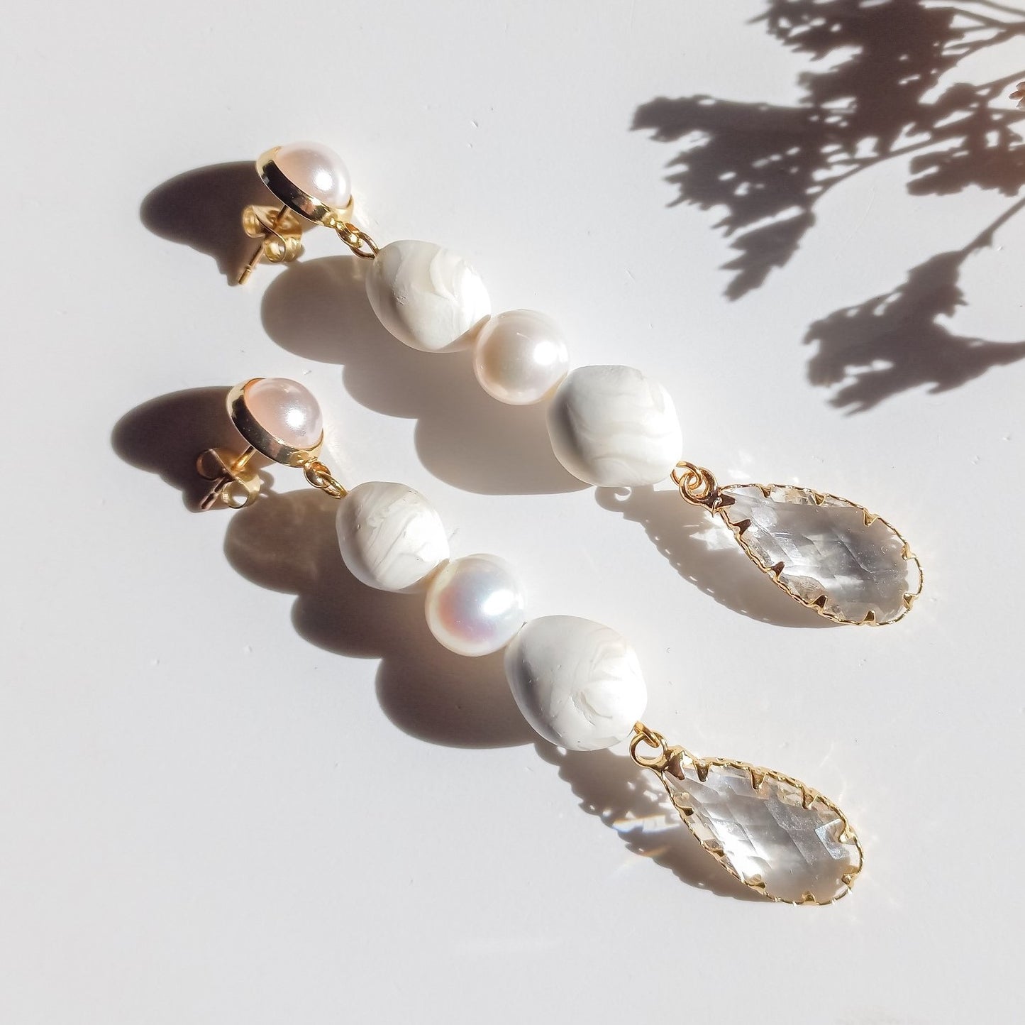 Bridal bloom - Long drop earring with Imitation Pearl 18K Gold Plated Stud With 925 Sterling Silver Pin