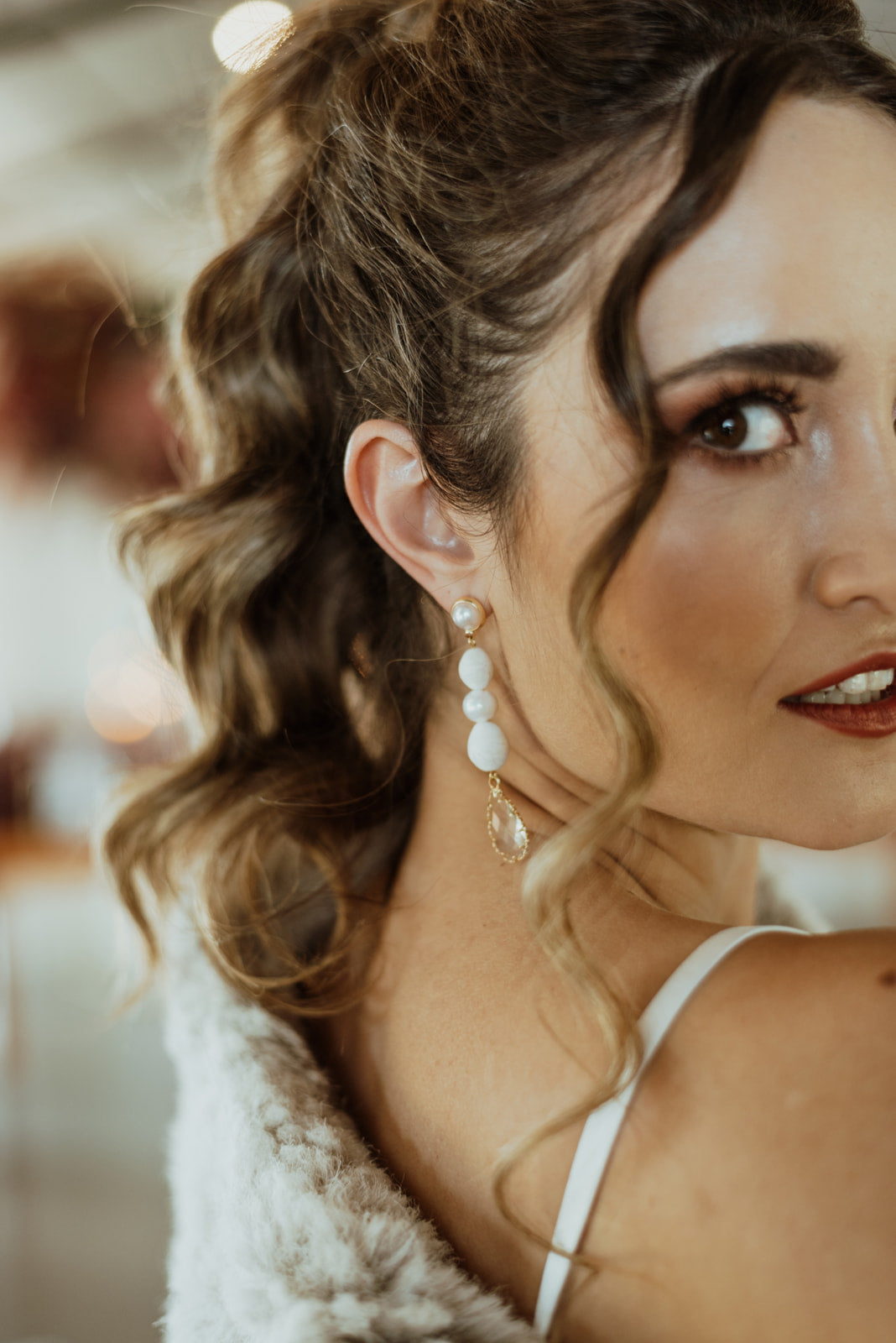 Bridal bloom - Long drop earring with Imitation Pearl 18K Gold Plated Stud With 925 Sterling Silver Pin