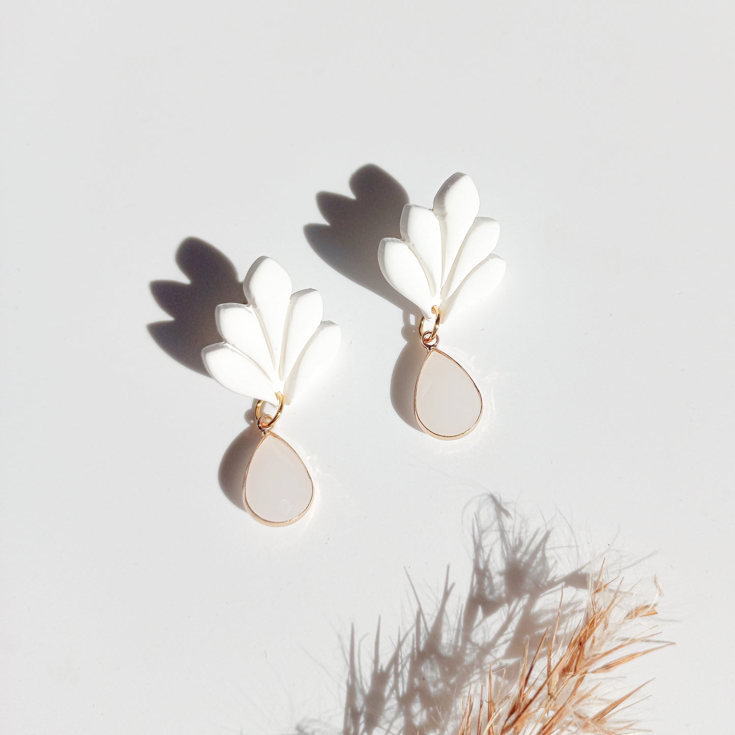 Bridal bloom - Medium drop earring with milky white teardrop finding and gold stainless steel post