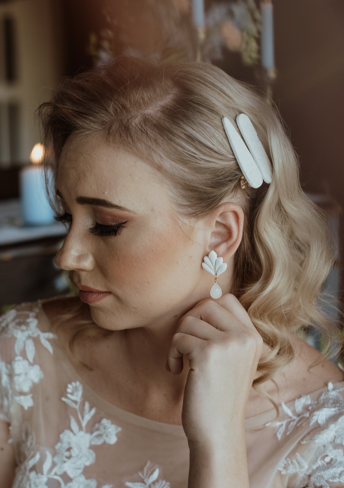 Bridal bloom - Medium drop earring with milky white teardrop finding and gold stainless steel post